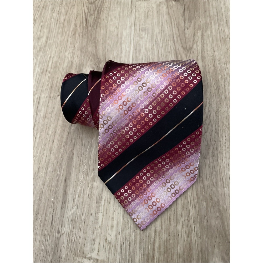 Kenneth Cole New York Mens Silk Tie Burgundy‎ Black Pink Geometric Striped